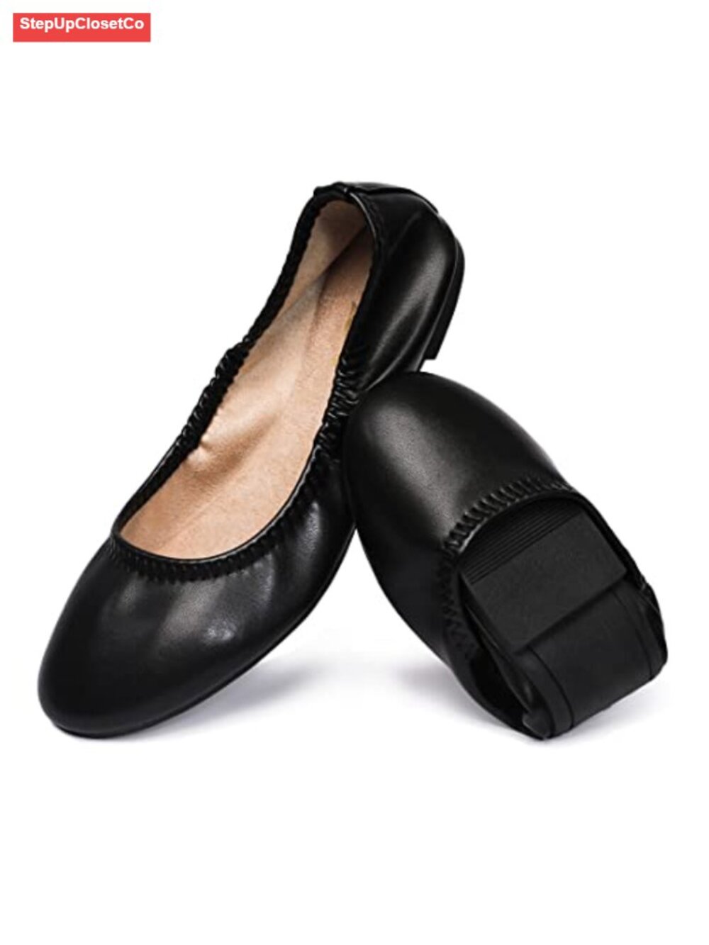 Foldable Ballet Flats Women Round Toe Slip On Faux Leather Travel Shoes